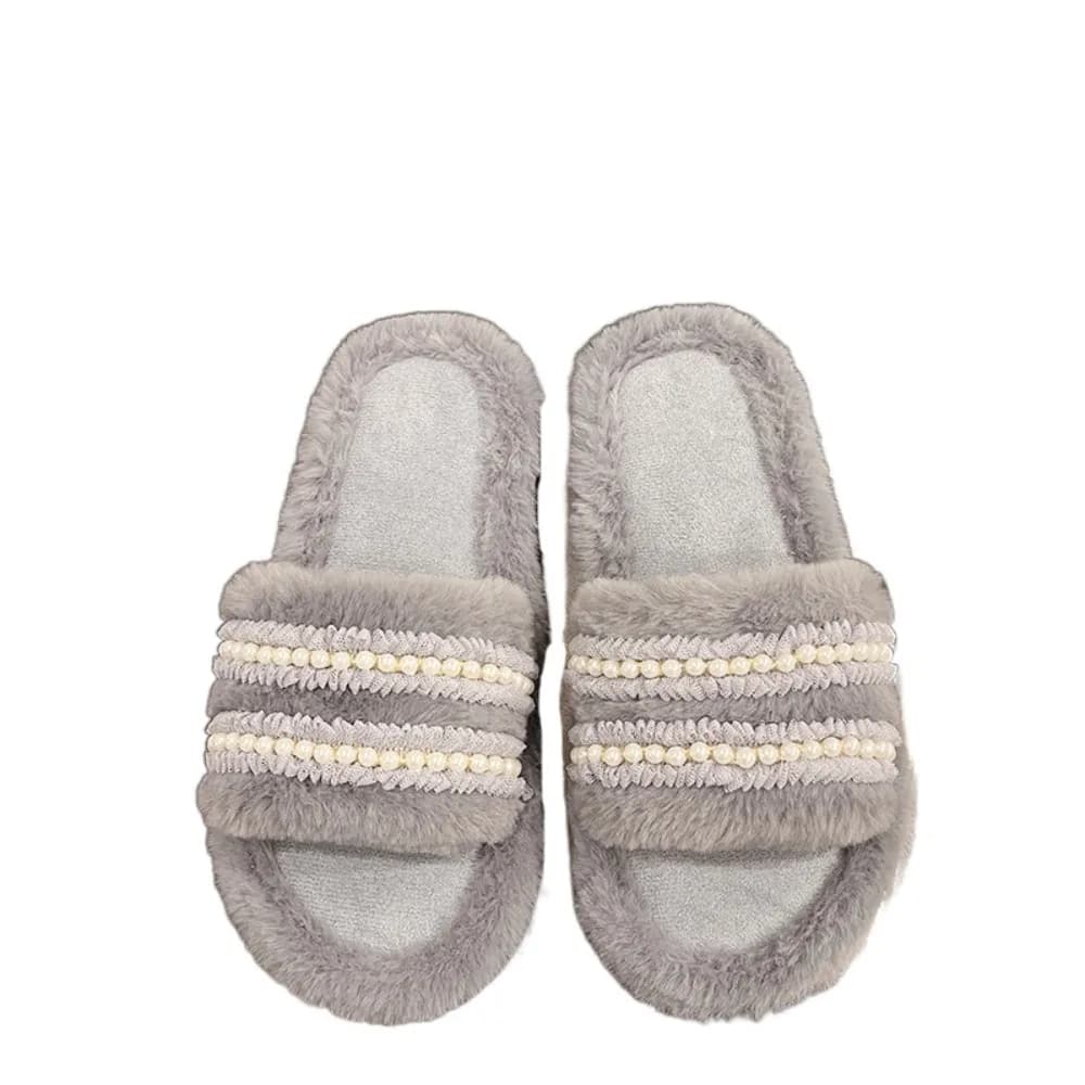 Nice slippers in plush with pearls with thick sole, soft non-slip warm fur slippers for interior and exterior, leopared Y2k winter slippers for women