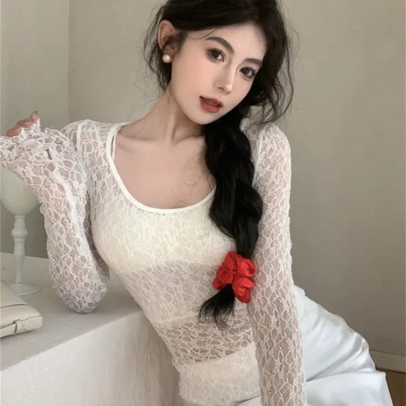 2024 Women Sexy Designer Long Sleeve Clothes Female Fishnet See Through Short Tops Lady Fashion Versatile Lace Corset T Shirts
