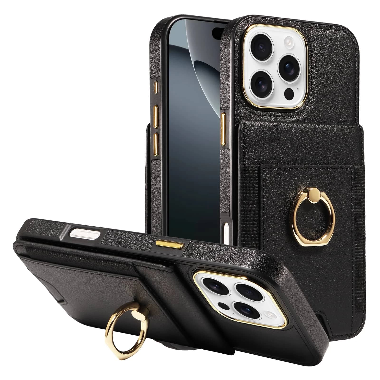 Per iPhone 16e/16/15/14 Custodia a portafoglio con porta carte di credito e 360 ° Supporto ad anello di rotazione, blocco RFID in pelle antiurto