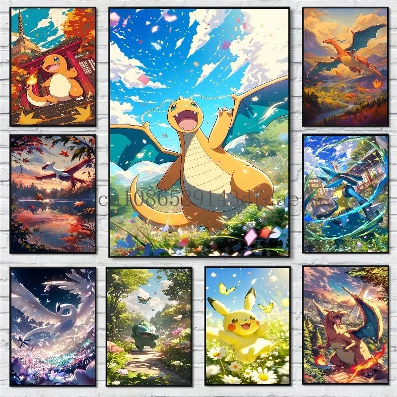 Pokemon Anime Figure Hd Tela Pittura Pikachu Charizard Bulbasaur Charmander Poster Wall Art Immagine Home Room Decor Regali