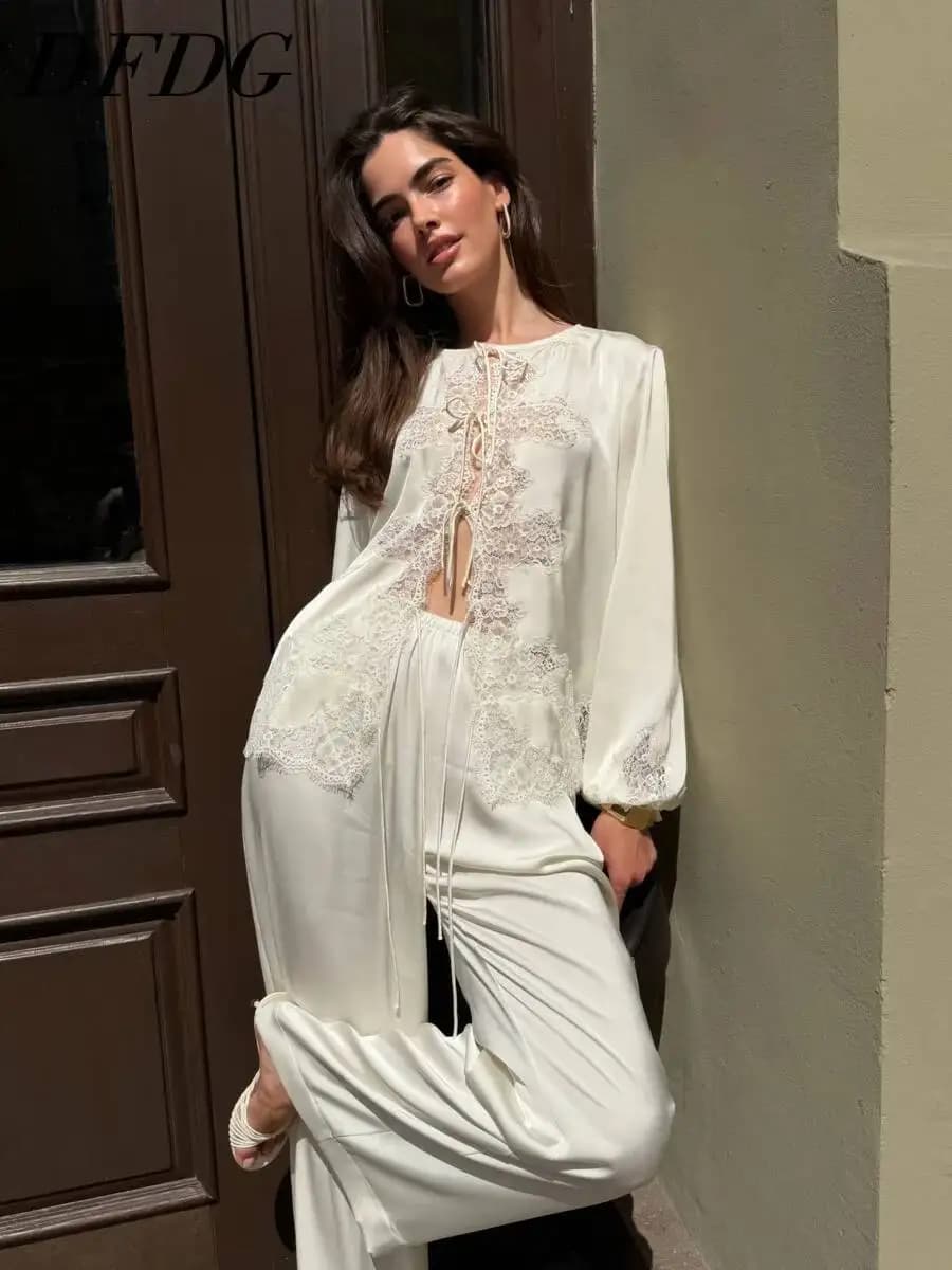 DFDG Women 2026 Luxury Satin Matching Loungewear Set Round Neck Sheer Lace Tie Up Puff Blouse High Waist Wide Leg Pants Set