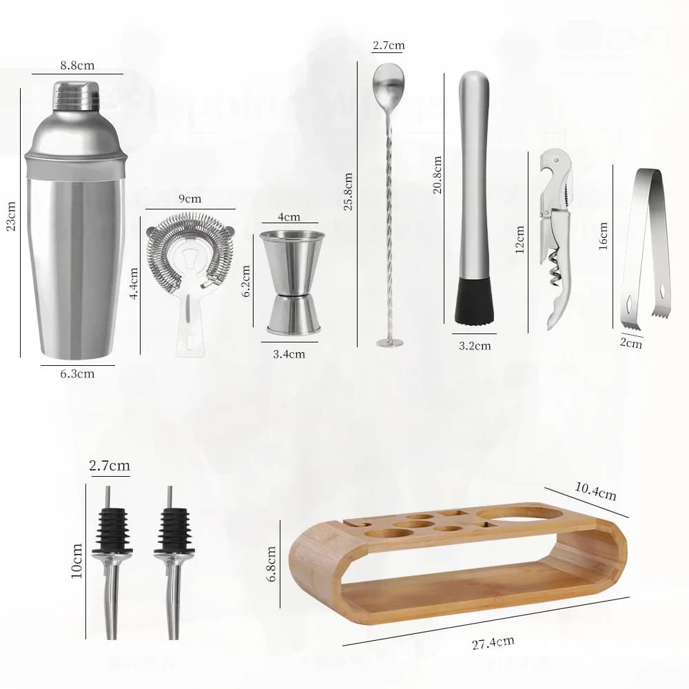 Set di strumenti professionali per barista in acciaio inossidabile con struttura in legno - Kit shaker per cocktail domestico per mixologia - Finitura opaca
