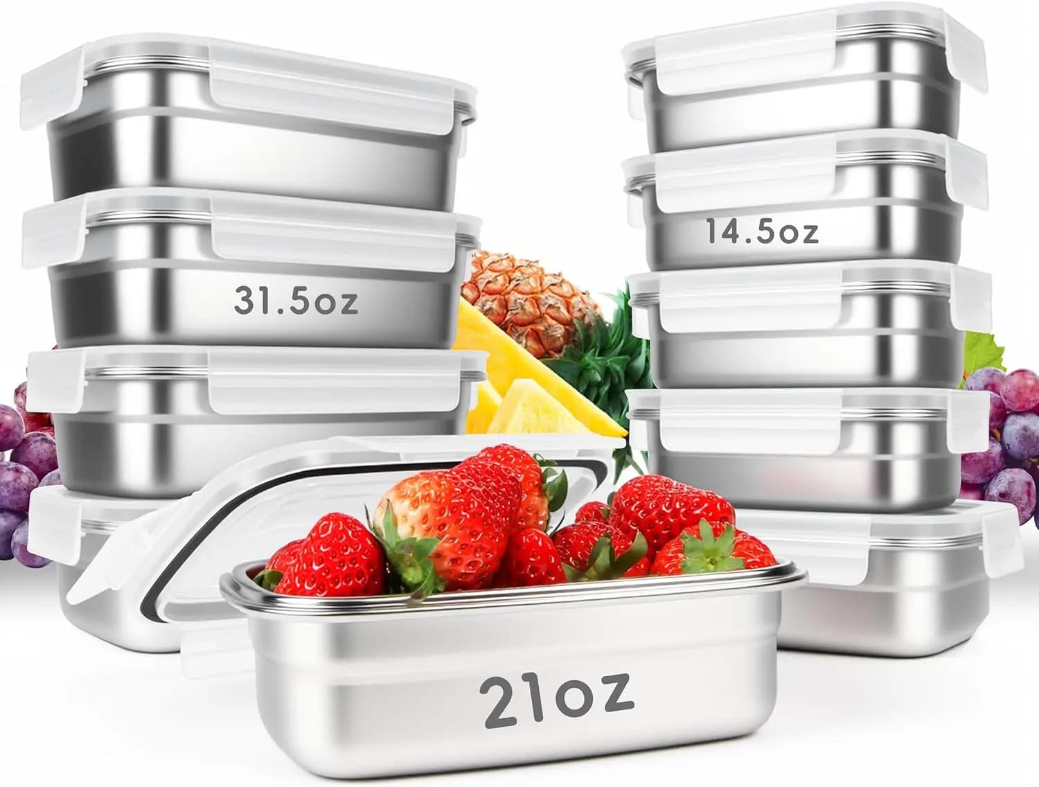 Set di 10 Contenitori per Alimenti in Acciaio Inox 304 con Coperchi Ermetici, Scatole Bento Impilabili per Preparazione Pasti