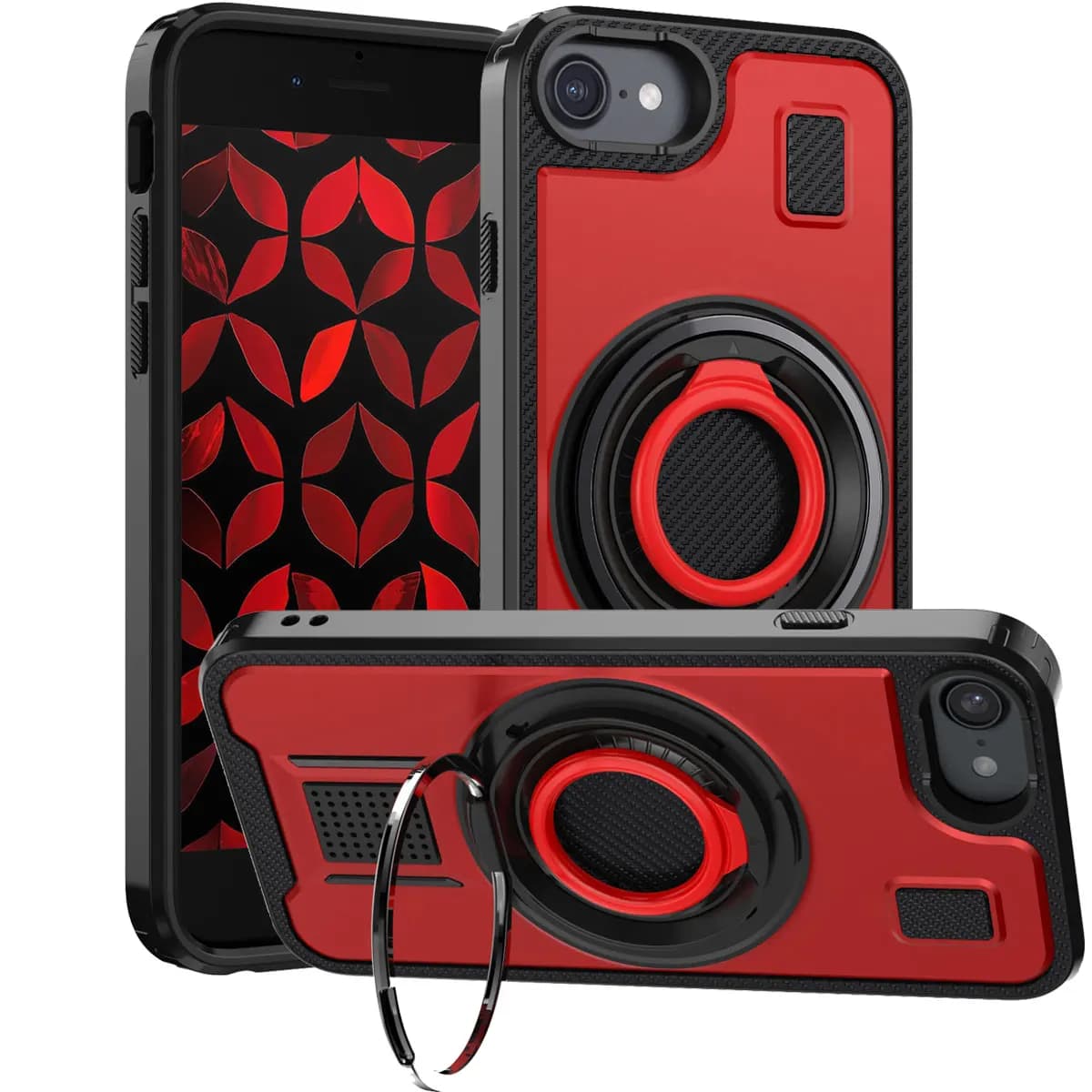 Per iPhone 8 Custodia da 4,7 pollici Custodia ibrida antiurto con doppio anello Cavalletto Robusta copertura rigida sottile per telefono Rosso