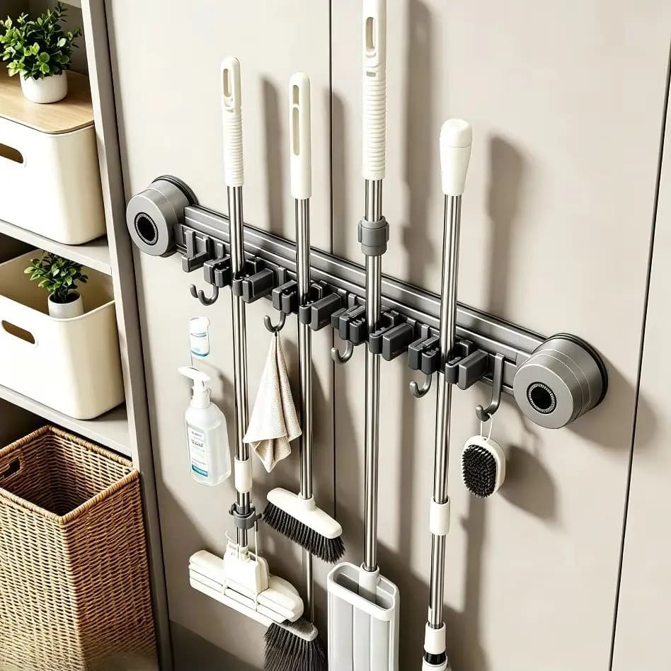 No Drill Suction Cup Wall Hooks Mop Clamp For Cleaning Tools Storage