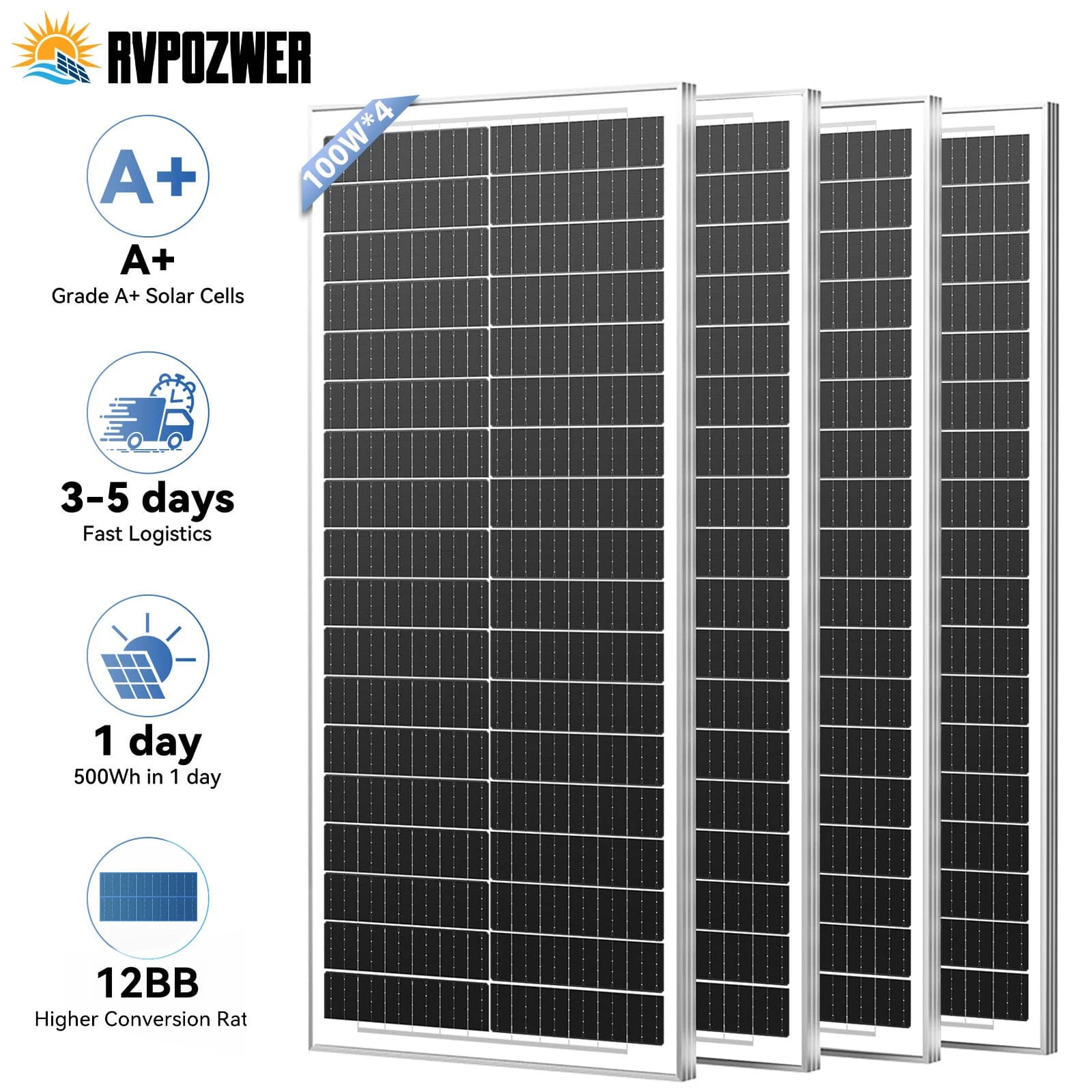 RVPOZWER 12.8V 400/200/100W Rigid Solar Panel 12BB N-Type Solar Cells Monocrystalline Silicon Waterproof Solar Panel Home/RV