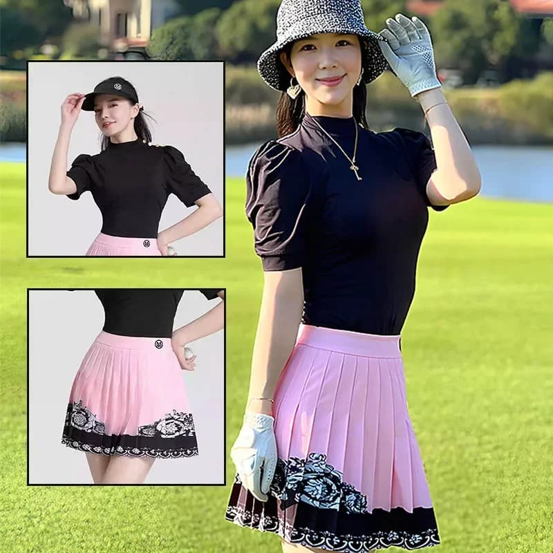 MG Golf Outfits T-shirt girocollo con maniche a sbuffo da donna Camicia casual slim fit Gonna a pieghe da golf traspirante ad asciugatura rapida