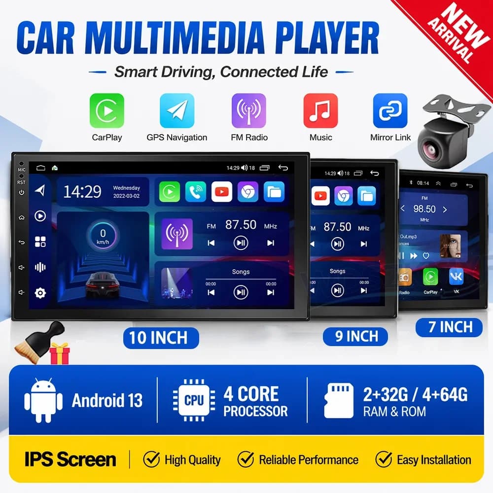 2 Din 7/9/10 Inch Universal Android 13 Car RadioLarge Storage GPS Bluetooth Multimedia Smart Car Radio Stereo Support WiFi