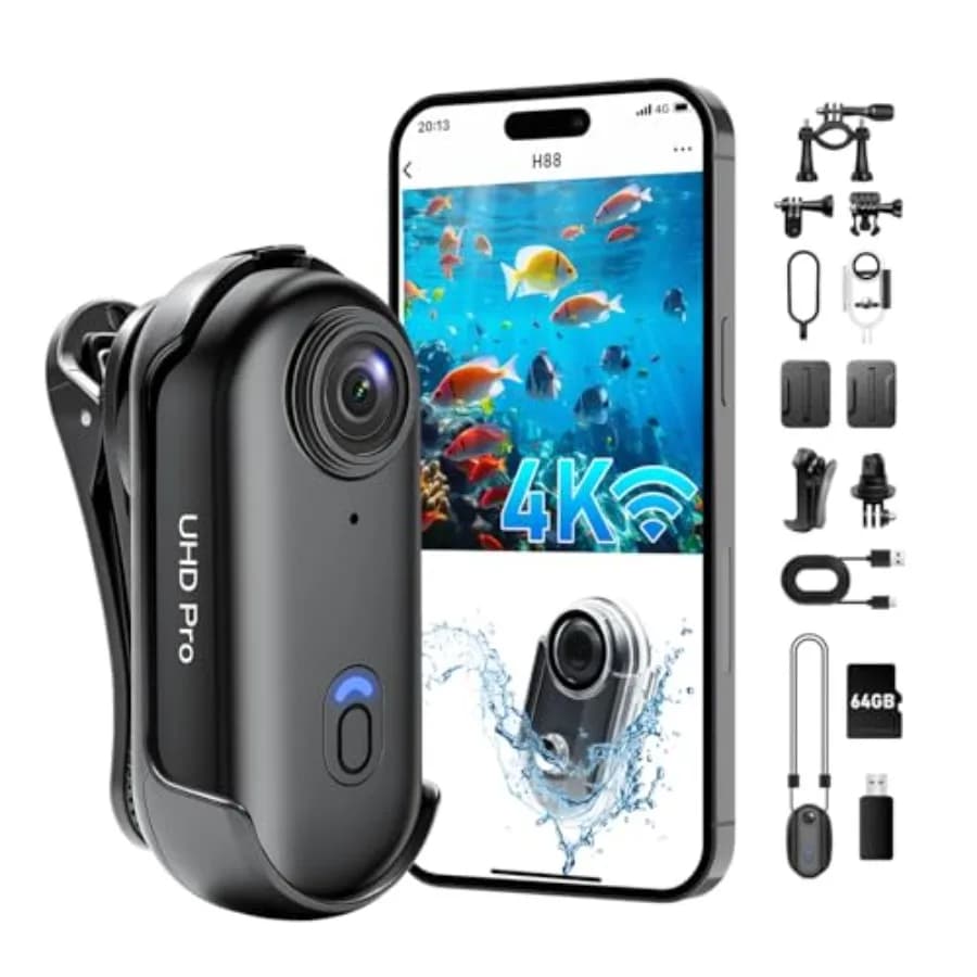 Action Camera 4K per Ciclismo, Escursionismo, Pesca, Vlogging, Impermeabile in Plastica ABS Nera, Telecamera Indossabile a Mani Libere con 64GB di Memoria