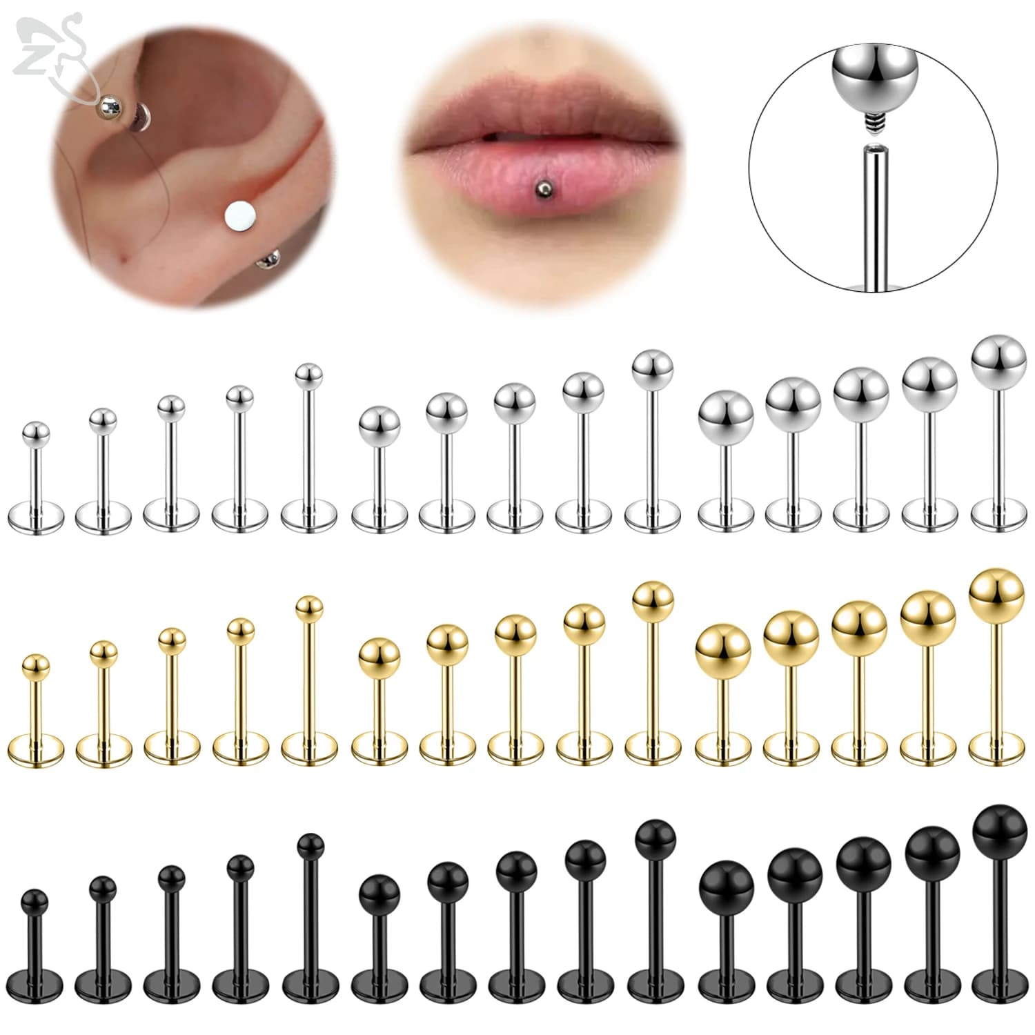 ZS 6 pz/lotto filettatura interna 16G/18G in acciaio inox Labret Piercing al labbro uomini palla posteriore piatta orecchini cartilagine Helix Piercing