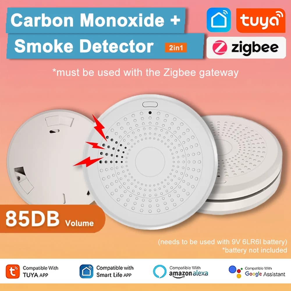 Tuya Zigbee Versione 2 in 1 Rilevatore intelligente di monossido di carbonio e fumo, allarme di perdite di gas per la casa intelligente