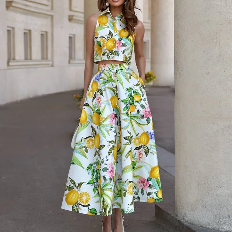 Women's Fashion Lemon Print Sleeveless Shirt + Pocket Skirt 2-piece Summer New Elegant Swing WomanVacation Skirt Set 2026