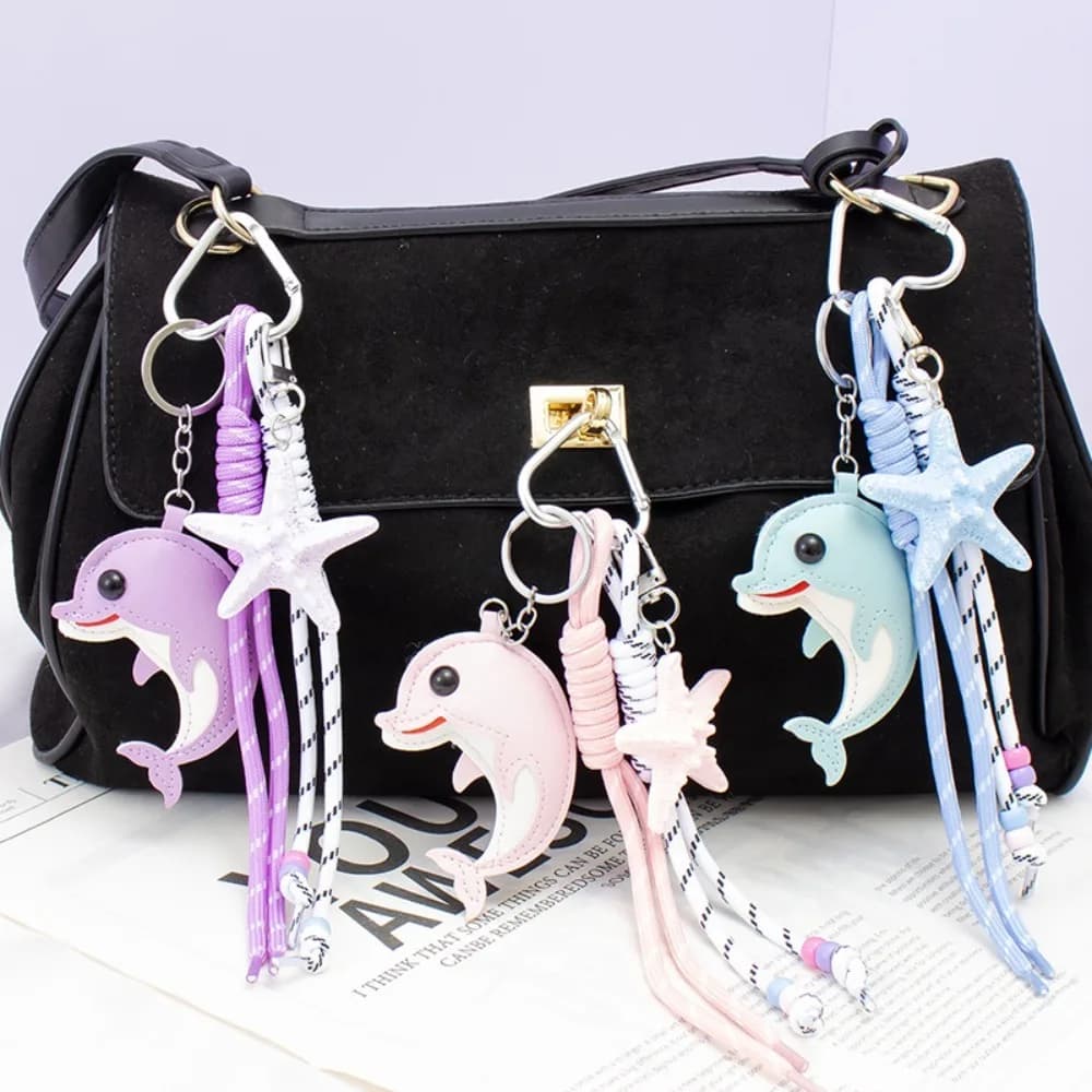 PU Dolphin Starfish Bag Charm Color Braided Rope Bead Heart Carabiner Keychain Marine Animal Backpack Handbag Pendant Gift