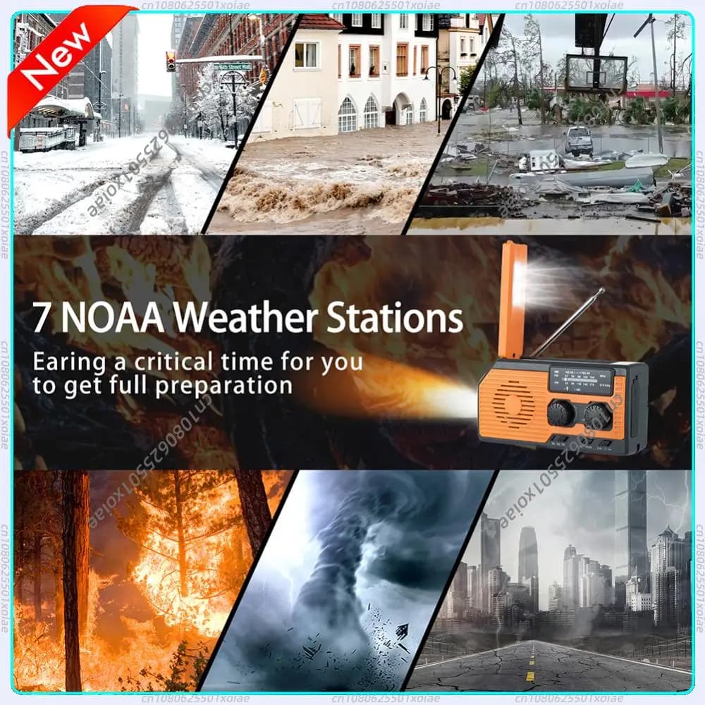 Radio Solare a Manovella AM/FM/WB NOAA Multifunzione con Torcia LED e Power Bank per Campeggio ed Escursionismo