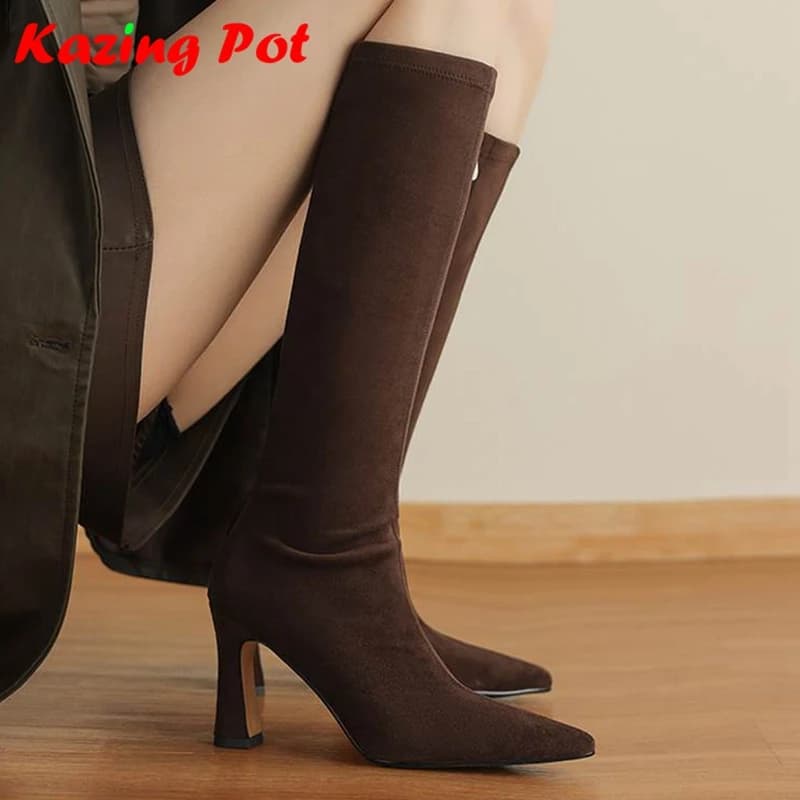 Flock Pointed Toe Stiletto Thin High Heels Elastic Boots Dating Warm Autumn Winter Shoes Brand Women Superstar Knee-high Boots