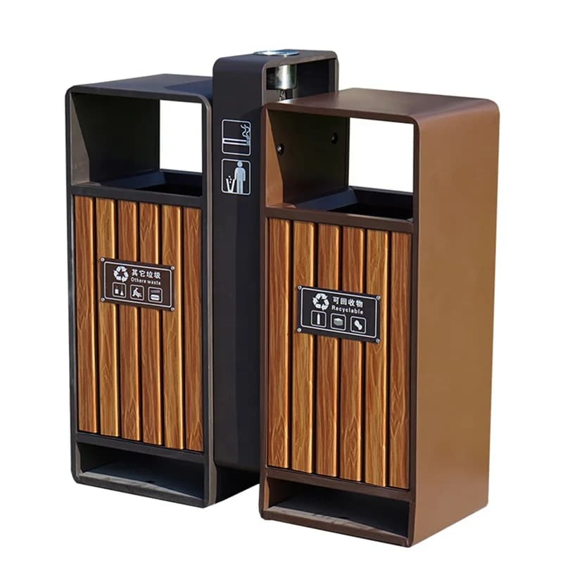 Bidone della spazzatura commerciale in legno di plastica di nuovo design moderno per il riciclaggio dell'acciaio del legno