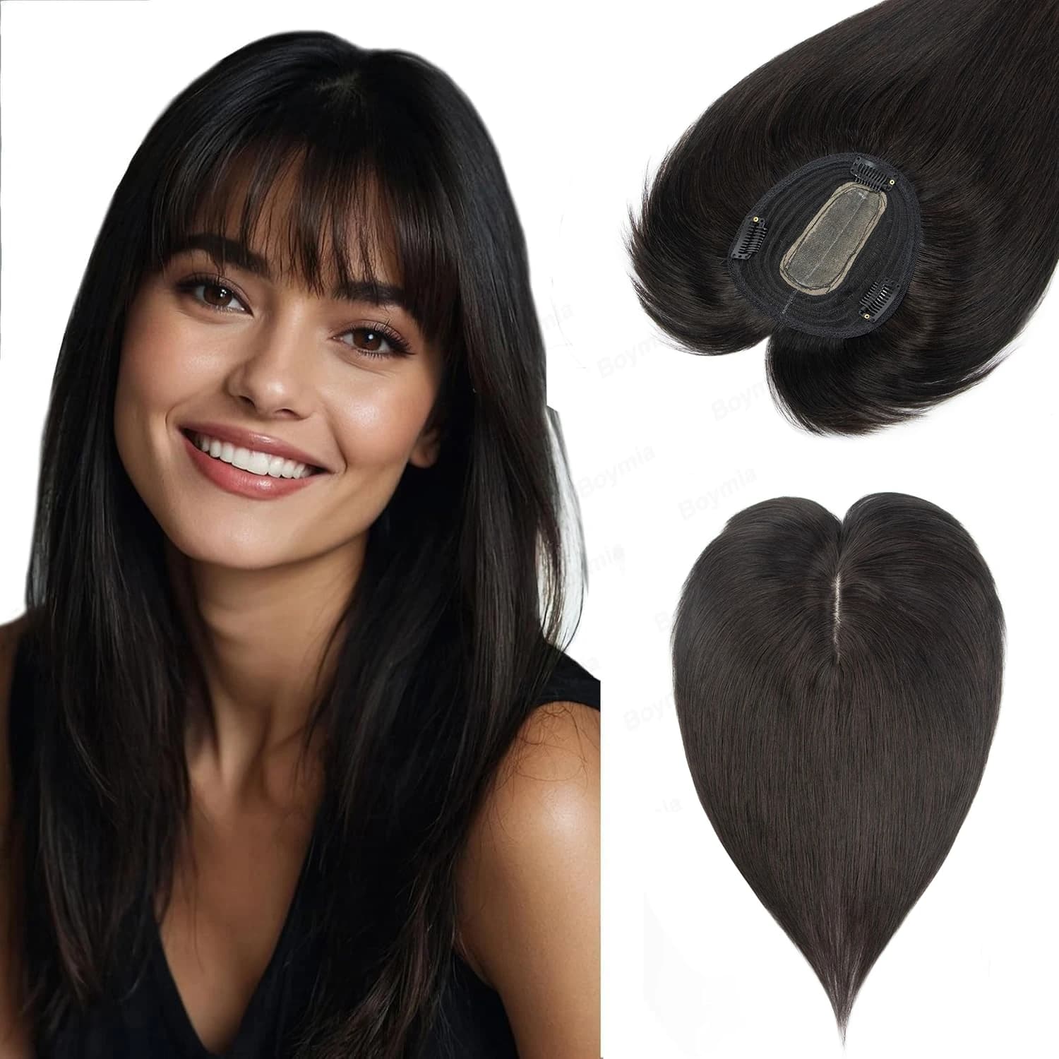 Topper per capelli umani con frangia sottile a clip 360 ° Protesi Capillare 3D Leggera con Base 12*13cm per Donne con Attaccatura Alta
