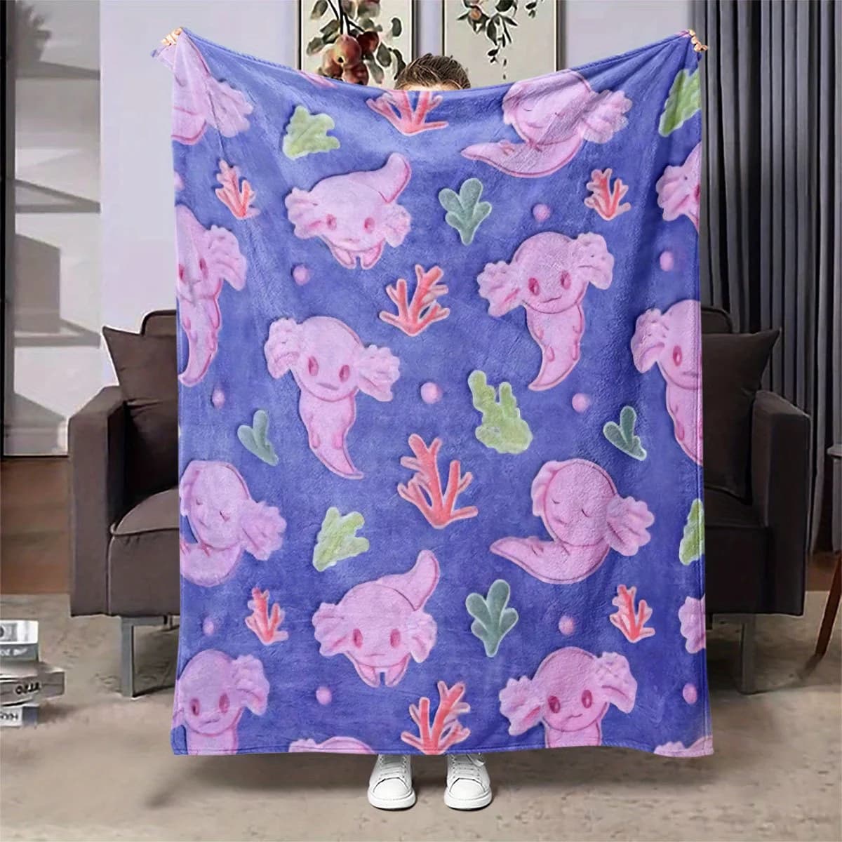 Cute Pink Axolotl Blanket Soft Flannel Fleece Throw Quilt Bedding Sofa Cover Warm Plush Blankets for Bed Living Room Home Decor