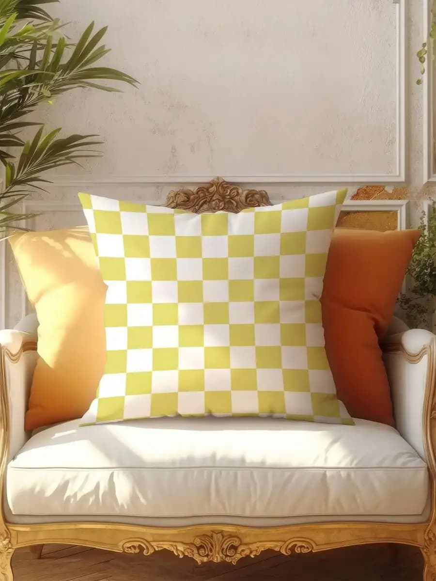 2pcs Yellow And White Checkered Geometric Throw Pillow Covers For Sofa Living Room Bedroom Decor