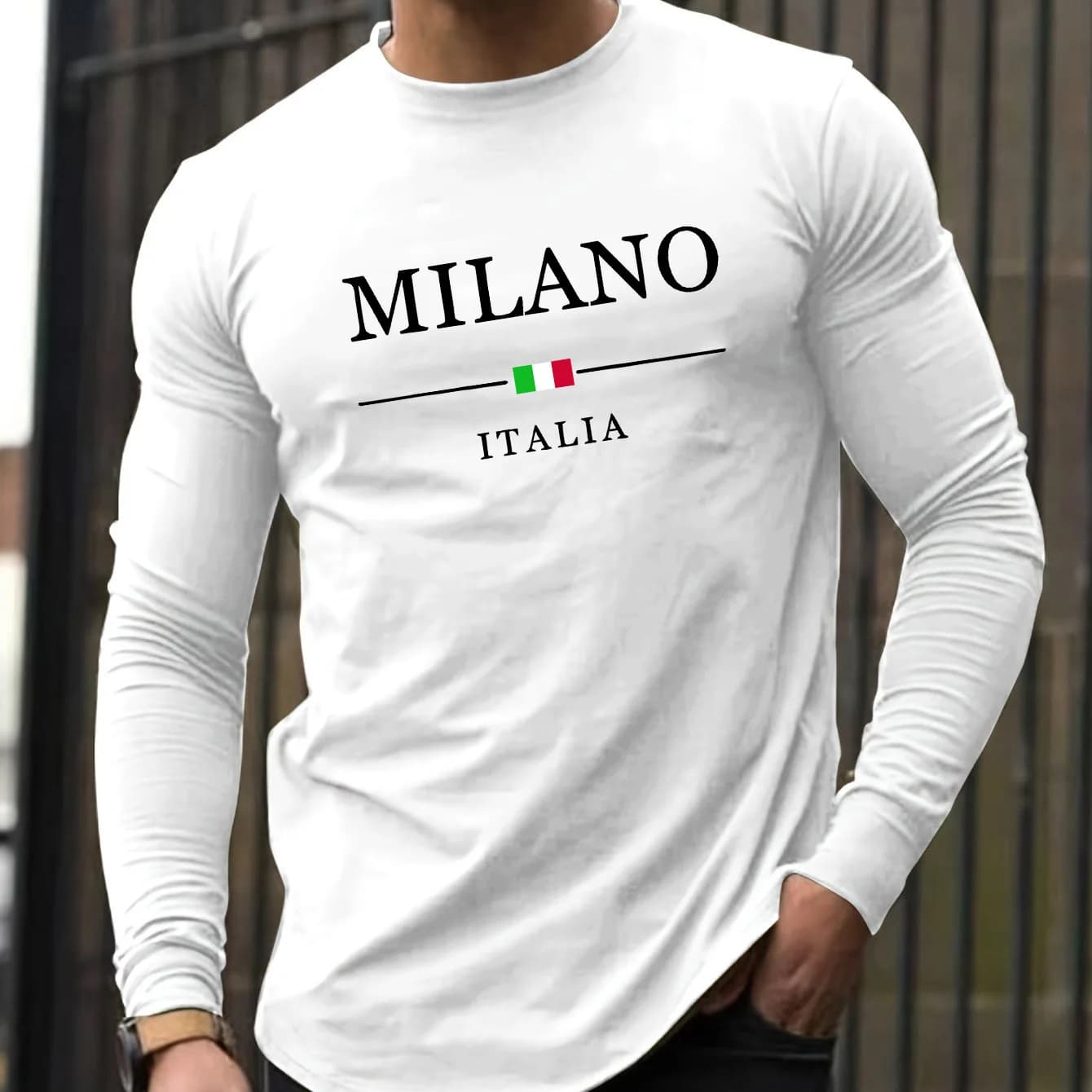 Versatile Spring and Autumn T-shirt with MILANO ITALIA print loosened men's long sleeves 100% pure cotton