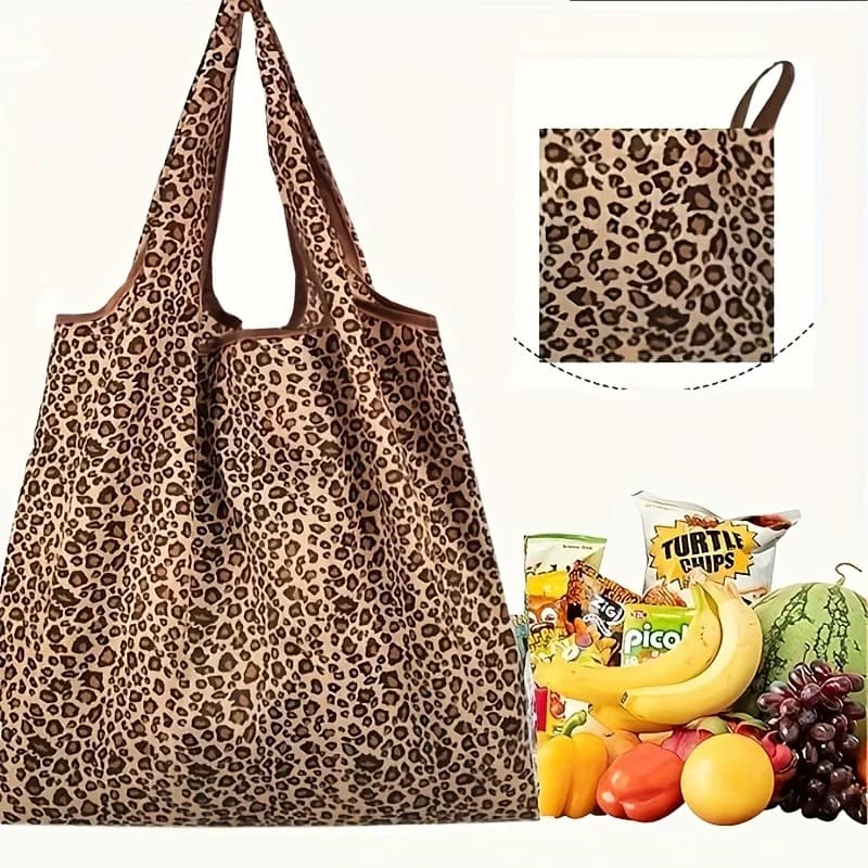 1pc Leopard Print Foldable Shopping Bag Large Reusable Tote Bag Polyester Handbag Durable Grocery Bag for Daily Use and Travel