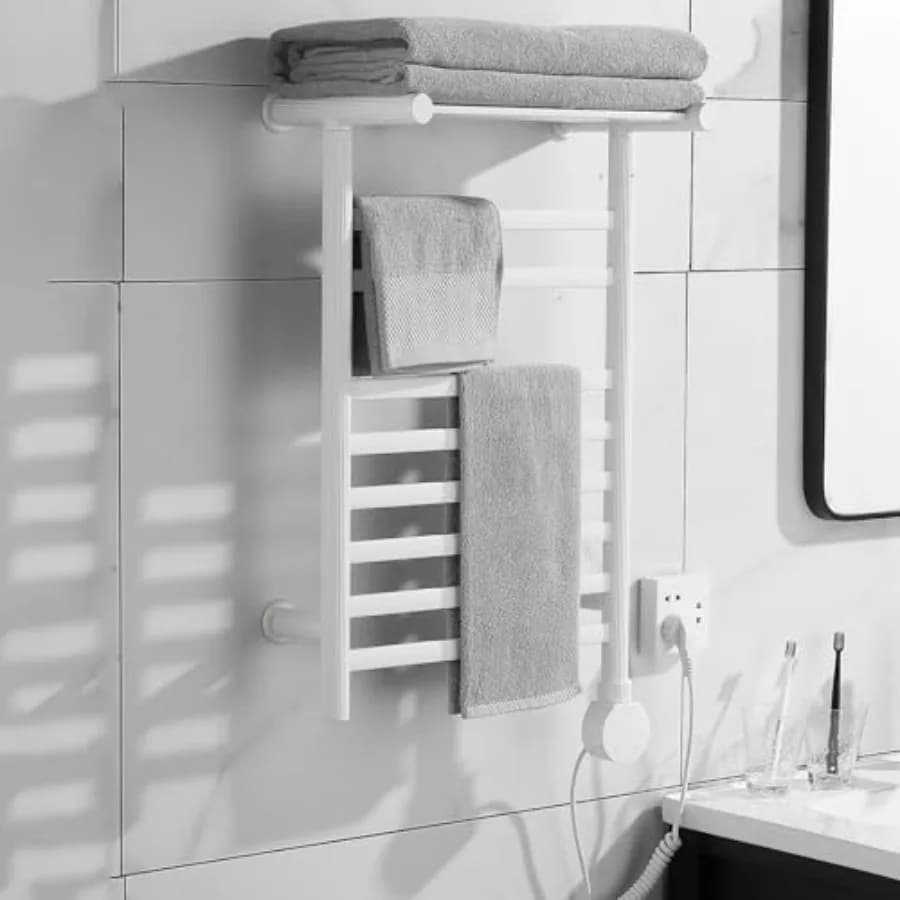 Scaldasalviette da Parete con 8 Barre e Ripiano Superiore per Bagno, Display Digitale, Timer Intelligente, Regolabile 104-149 cm