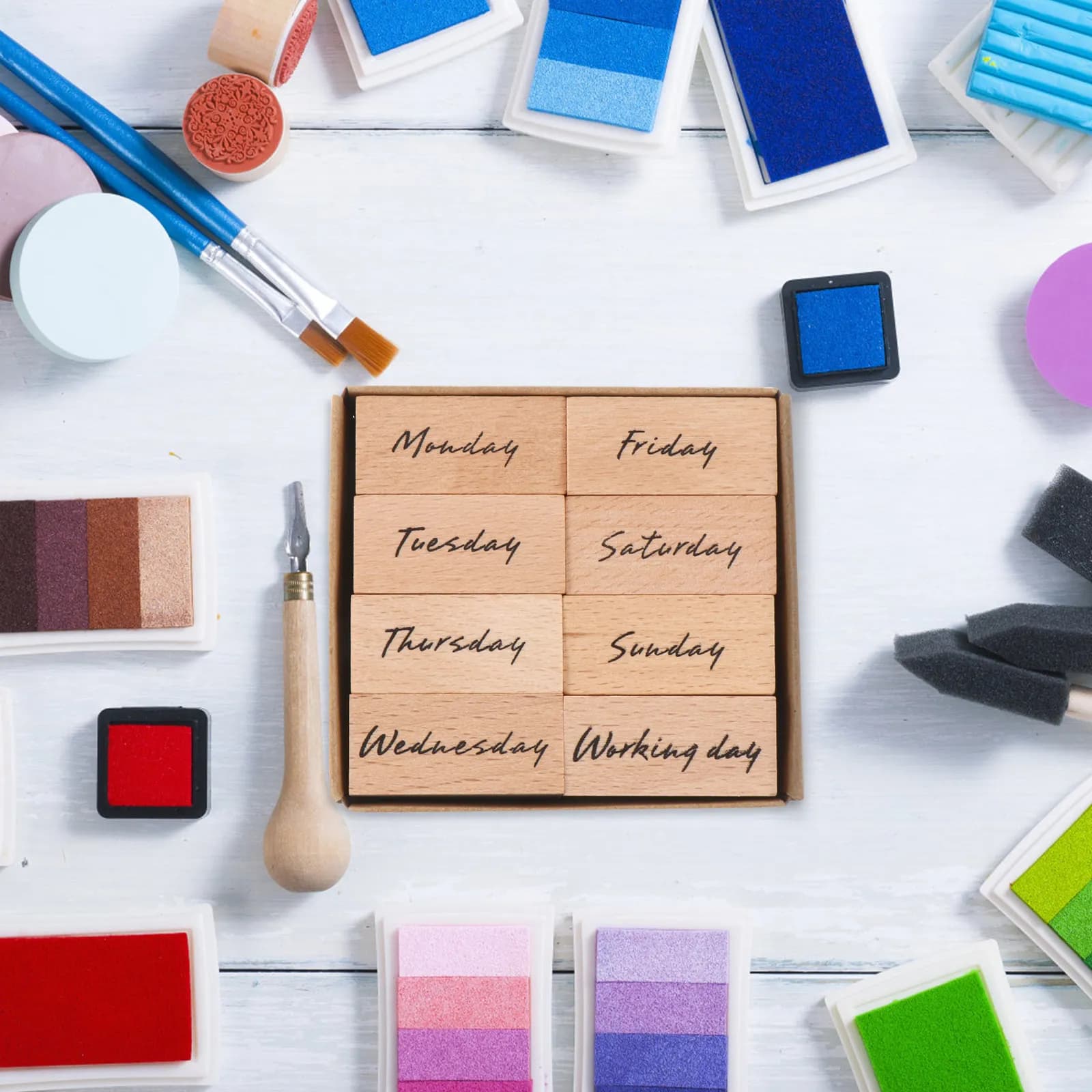 1Set Wooden Week Stamps Set Vintage DIY Stamp Kit for Scrapbooking Planner Greeting Cards Envelopes Fabric Glass Wood Crafts
