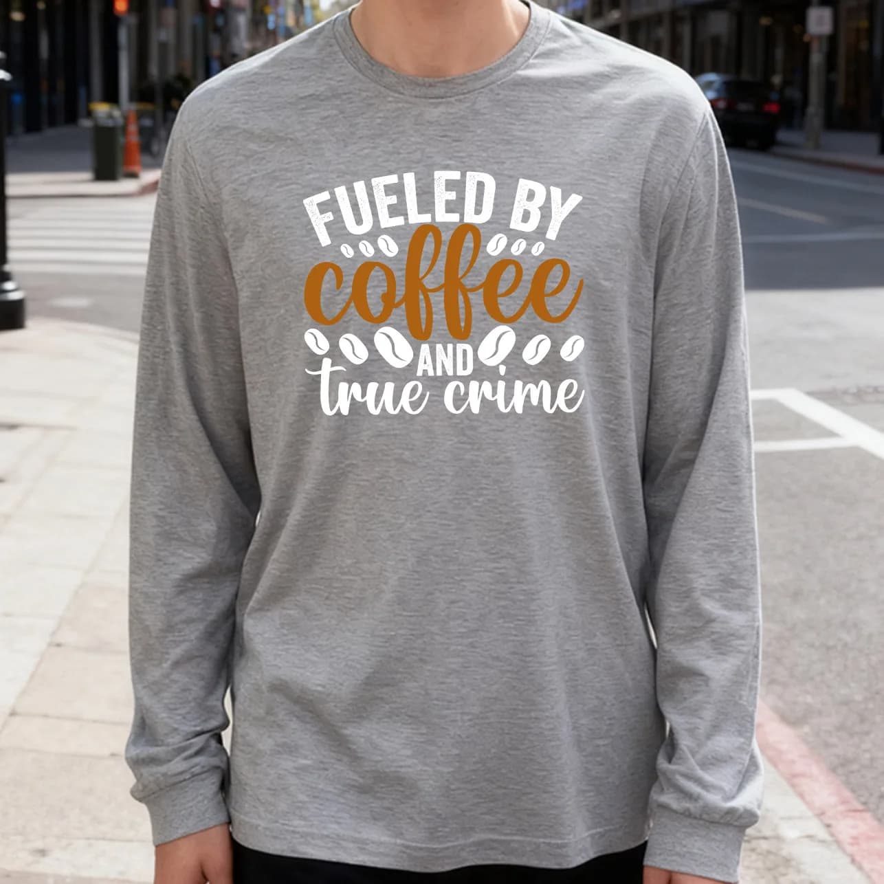 Fueled by Coffee Men's Long Sleeved T-shirt 180 g 100% cotton casual printed crew neck to wear every day soft and breathable