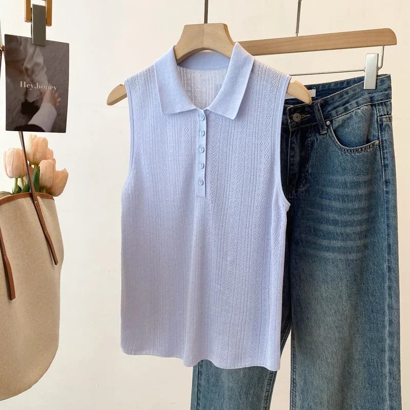Dave&di 26 Summer Commuting Simple Wind Chime Hollow Knitted Sweater Refreshing Linen Thin Sleeveless Top