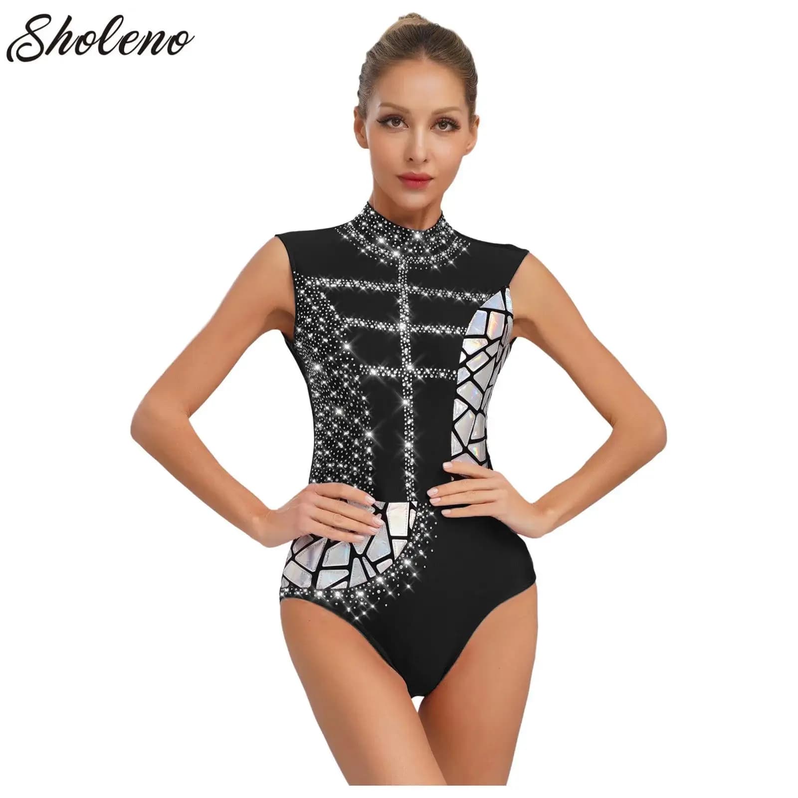 Body da pattinaggio di figura da donna con strass lucidi Body da ginnastica Performance sul palco Body Top Costume da ballo per feste Dancewear