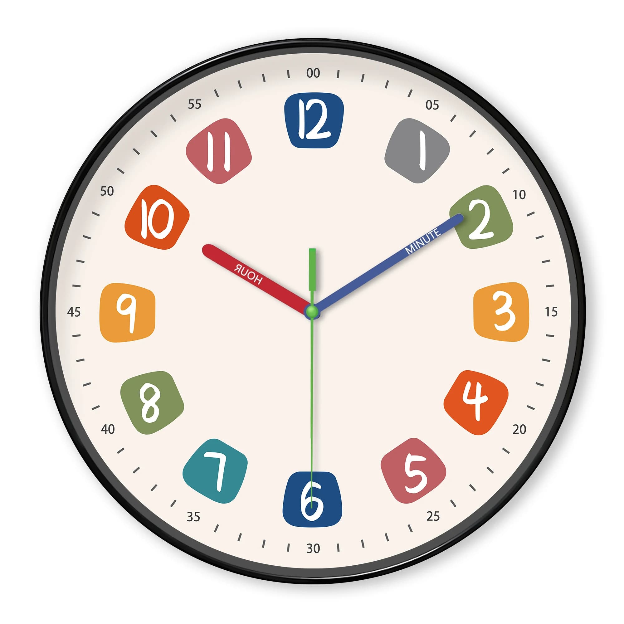 A modern simple wall clock, digital and colored hands designed for the educational wall clock, silent watch, for the living room