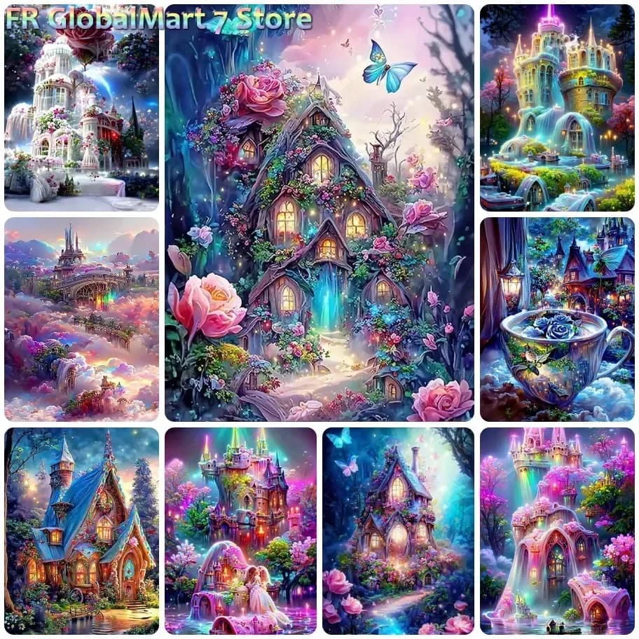 5D DIY Magic Fairy Castle Pink Rose Butterfly Diamond Painting, Fantasy Aesthetic Home Wall Decoration Handmade Surprise Gift