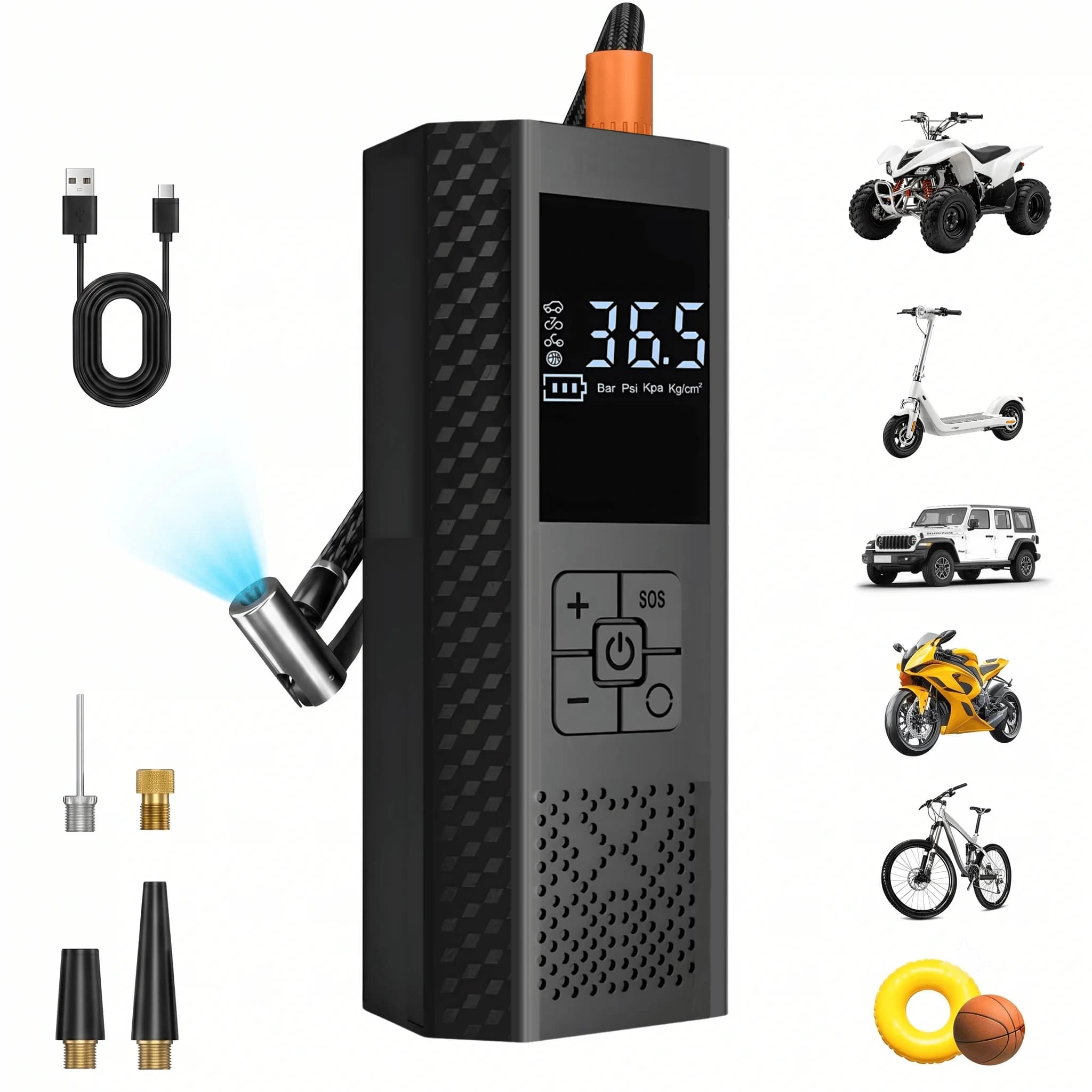 Portable Tire Inflator Tyre Pump 3000mAh 150PSI LCD Air Pump Auto Stop USB Rechargeable for Car Motorcycle Bike Scooter ATV Ball