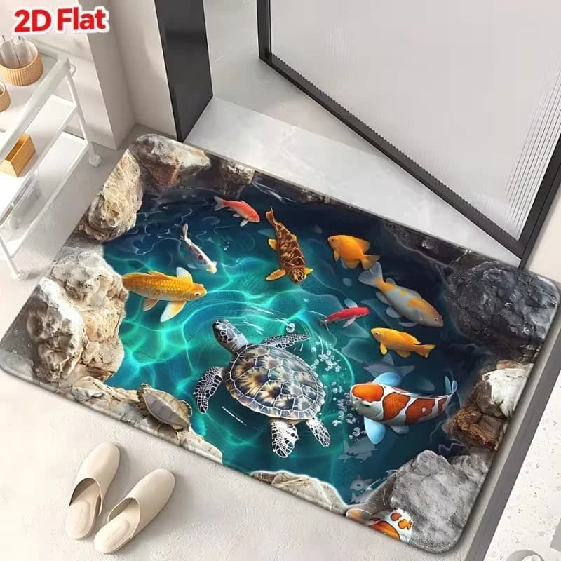 Tappeto d'ingresso con illusione visiva 3D di tartaruga e laghetto con pesci, design 3D di pesci che nuotano, adatto per tappeti da portico e ingresso.