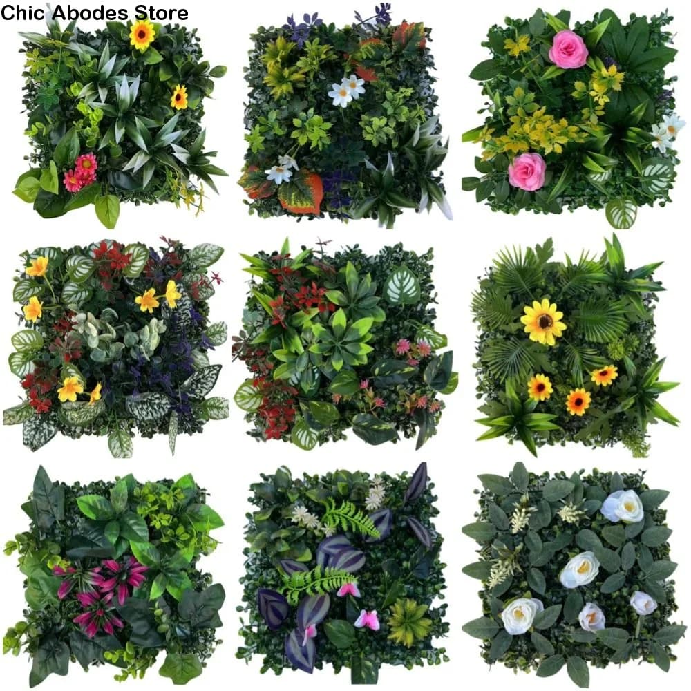 Pannello Murale Fai-da-te con Piante Artificiali, Fiori di Girasole, Foglie di Acero Simulate, Tappeto Verde Durevole, Erba Finta per Soggiorno