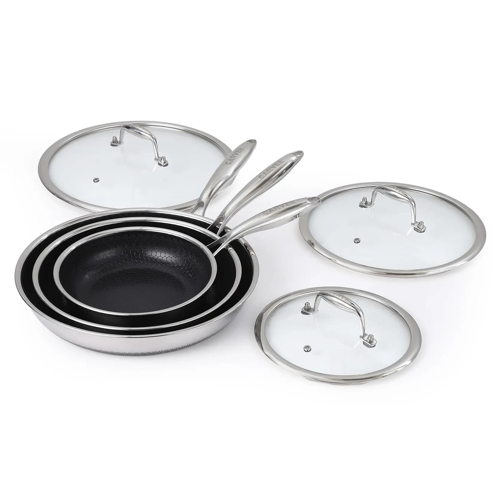 Set di 6 Padelle Antiaderenti in Acciaio Tri-Ply, 8/10/12 Pollici, Compatibili con Induzione, con Coperchi in Vetro Temperato e Manici Isolanti
