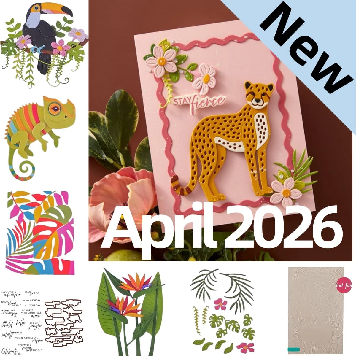 Aprile 2026 Huey Chameleon Toucan Jungle Cat Fustelle per taglio metallo, Timbri trasparenti, Stencil, Lamina a caldo per la creazione fai da te di biglietti regalo e scrapbooking