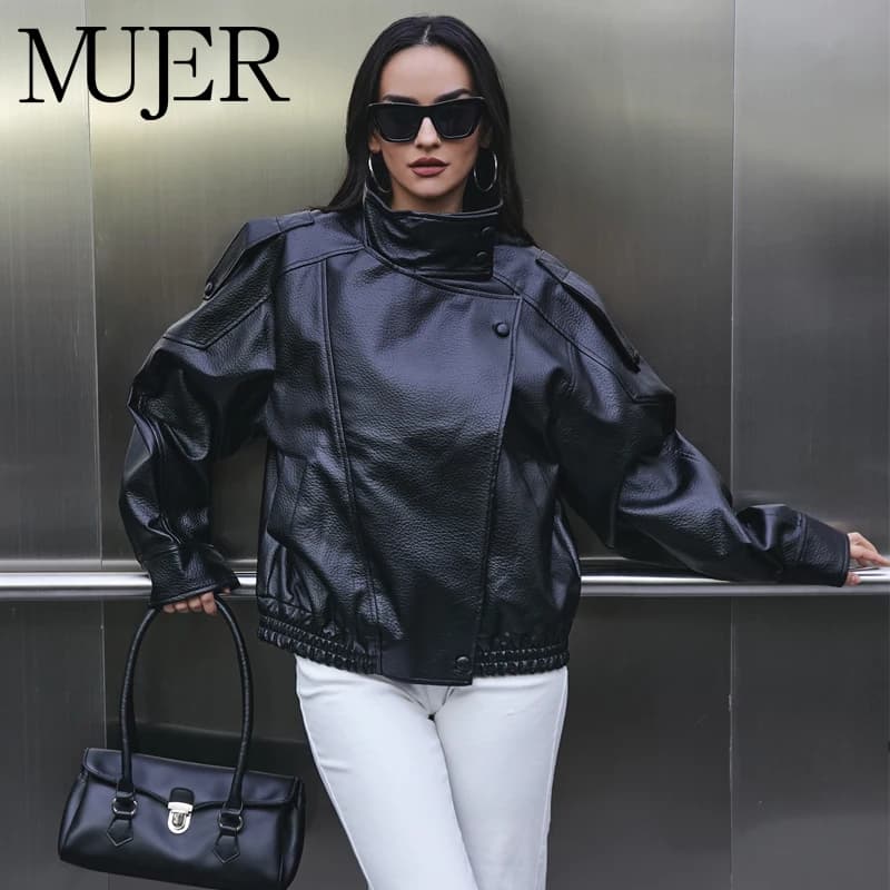 MUJER Faux Leather Women's Jacket Black Oversize Bomber Jackets for Women Outerwears Winter Overcoat Female Fashion Jacket Woman
