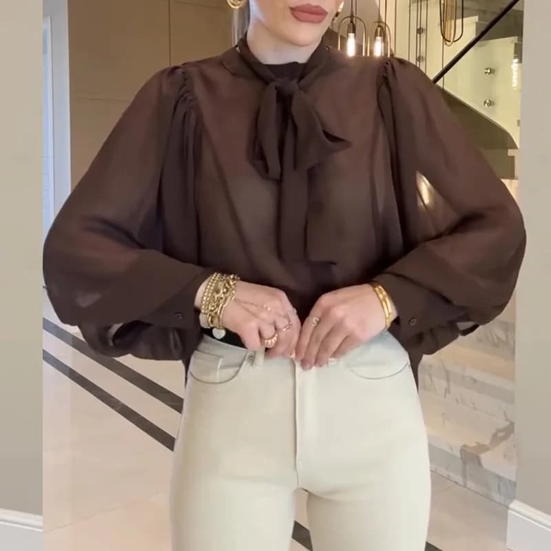 Women's shirt with blouse with tie neck and loose floral lantern sleeves new summer 2025