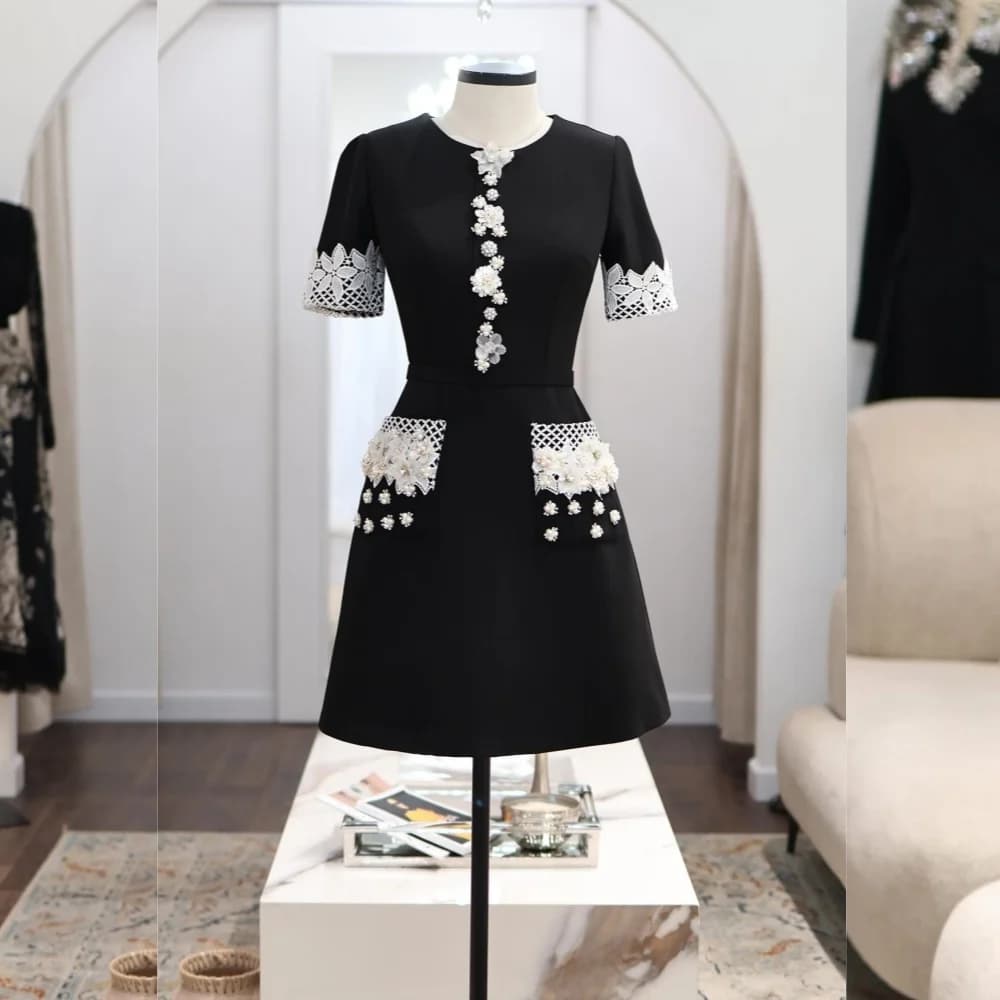 Customized Jersey Glitter Applique O-Neck A-line Short Dresses Bespoke Occasion Celebrity High Quality Women's Evening Dress