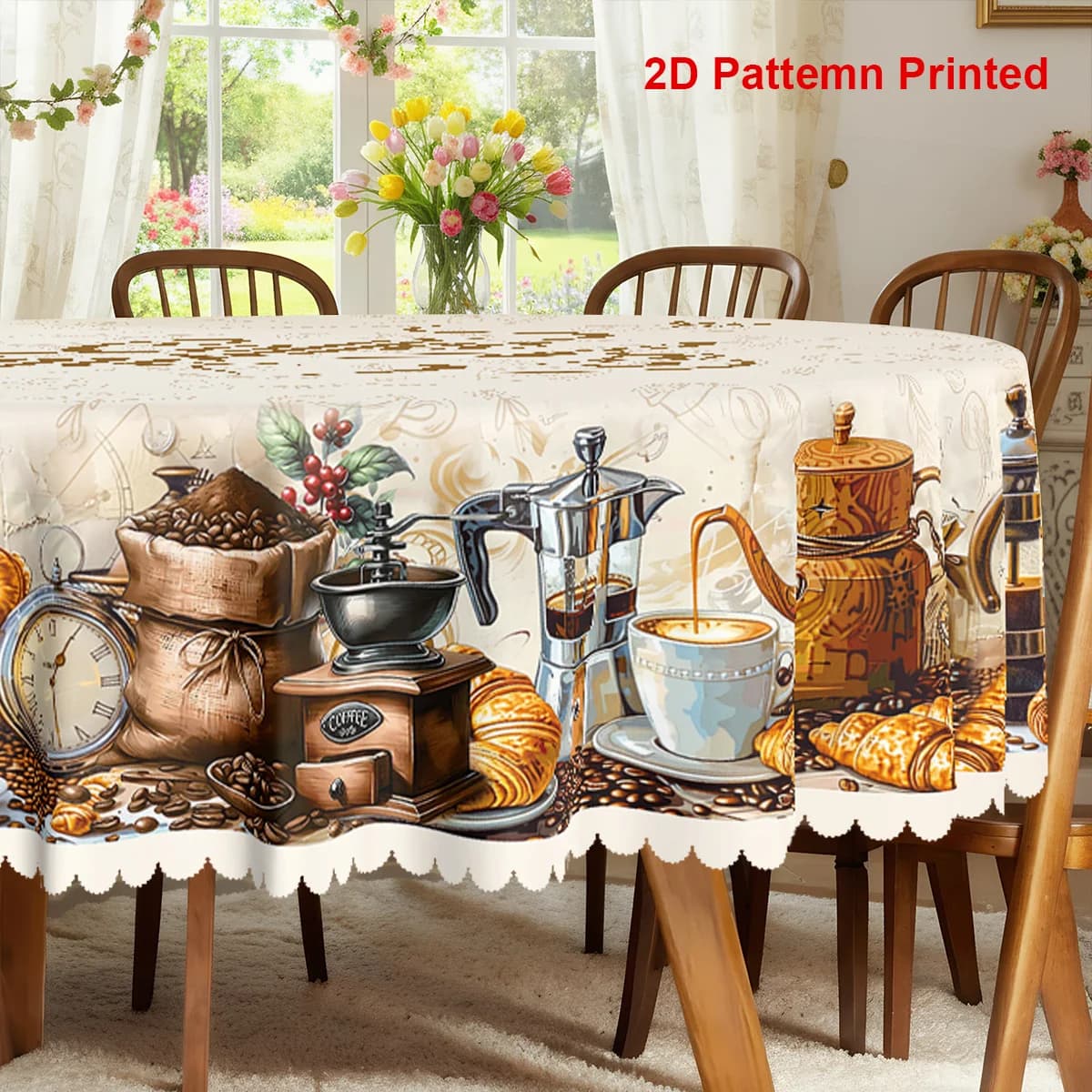 Polyester printed tablecloth, one piece of cute cartoon snacks, coffee-themed party tablecloth, retro coffee bean horn shapeyzb