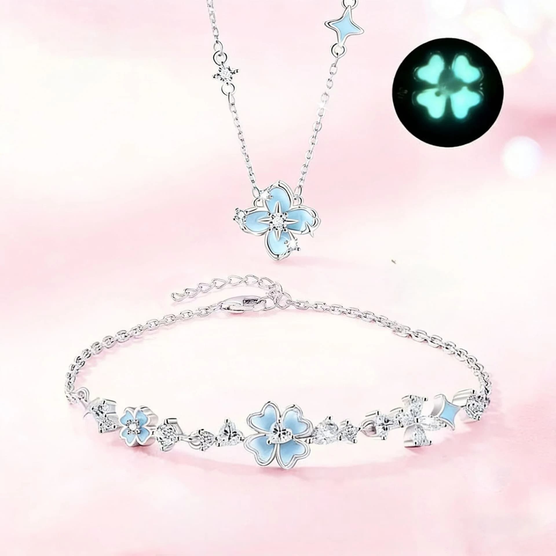 Set di Gioielli in Argento 925 con Quadrifoglio Portafortuna, Collana, Bracciale Luminoso e Orecchini con Zirconi Brillanti, Regalo per Compleanno e Anniversario per Donne