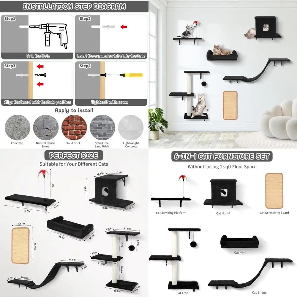 Set di Mobili da Parete per Gatti 6-in-1: Cuccia, Letto, Ponte, Albero, Gradini, Tiragraffi - Centro Giochi per Interni (Nero)
