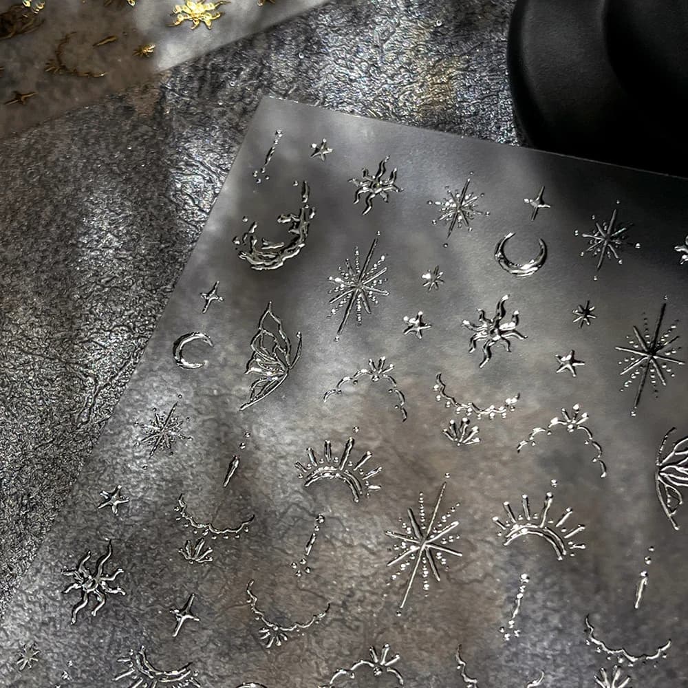 3D Bronzing Gold Silver Moon Star Nail Art Stickers Bohemia Sun Moon Starlight Slider Decals Adhesive Luxury Sticker for Nails