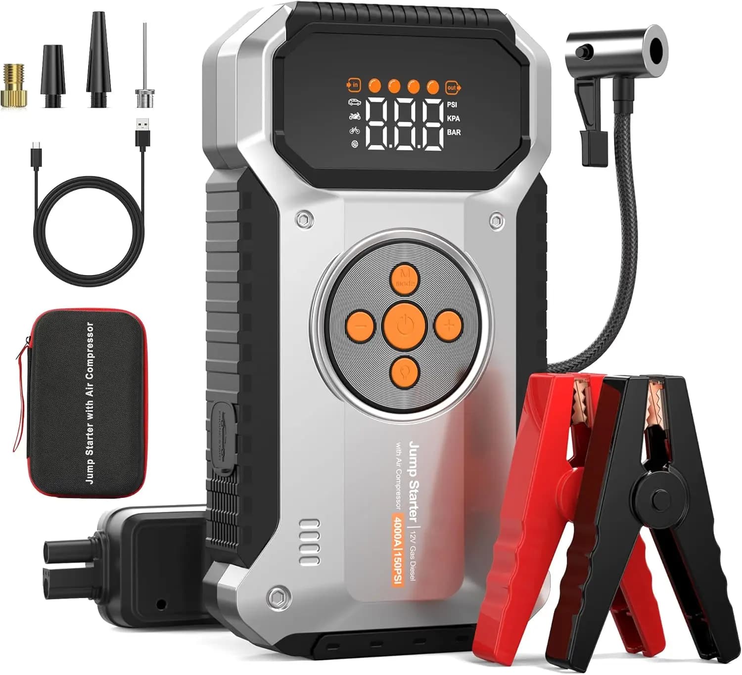 Avviatore d'Emergenza Portatile 4000A 12V con Compressore d'Aria, Gonfiatore Pneumatici, Power Bank e Torcia per Veicoli
