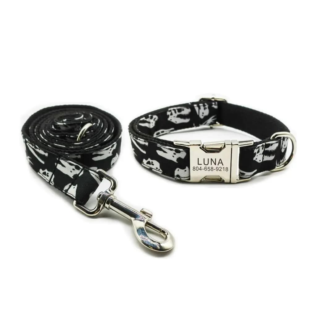 Collare per cani personalizzato con incisione gratuita, guinzaglio per animali abbinato, fibbia in metallo con contatti personalizzati, collare per animali scheletro nero