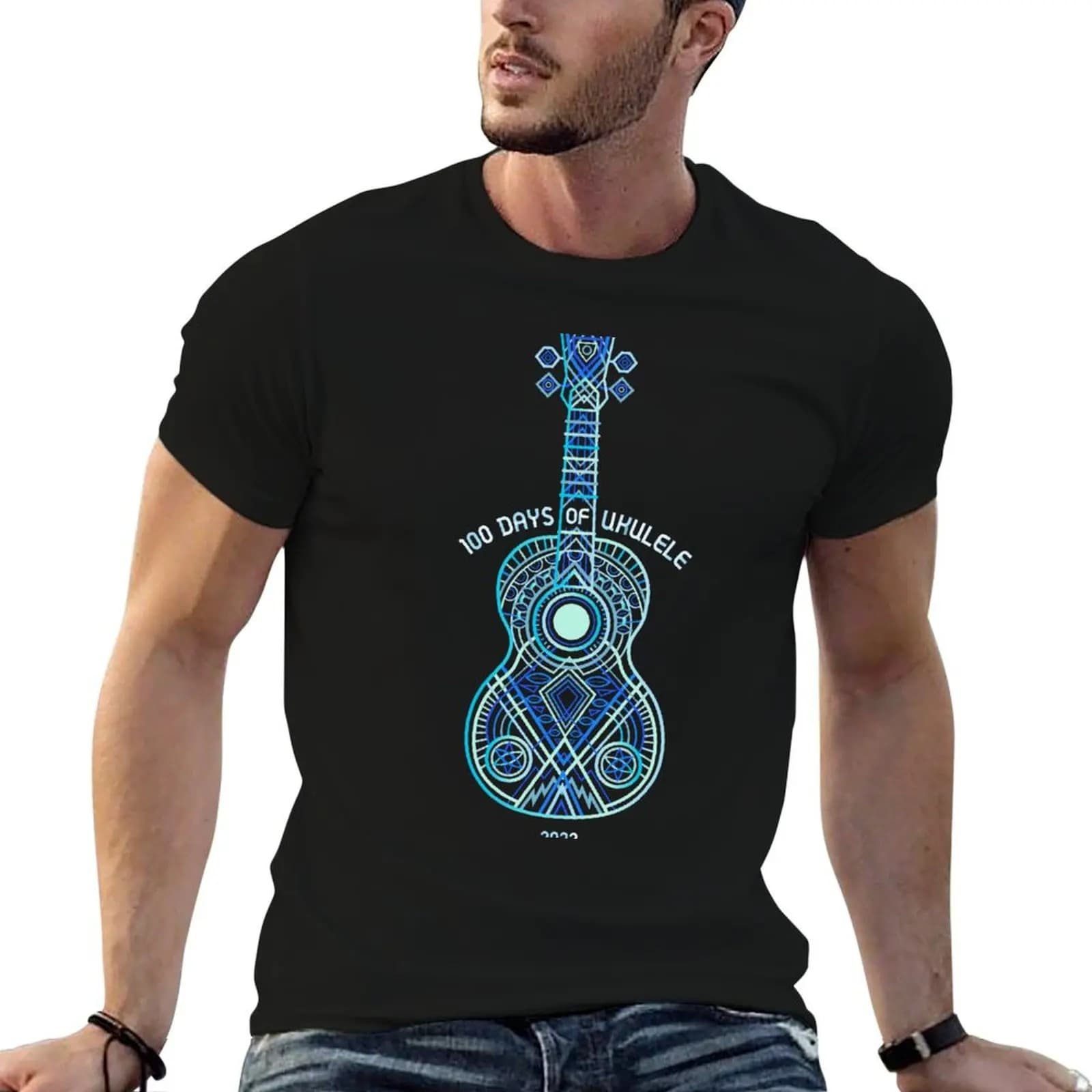 2023 String Theory 1: Bright Blues (ricommendato: stampa sul buio) - 100 giorni di ukulele T-shirt uomo magliette per uomo T-shirt