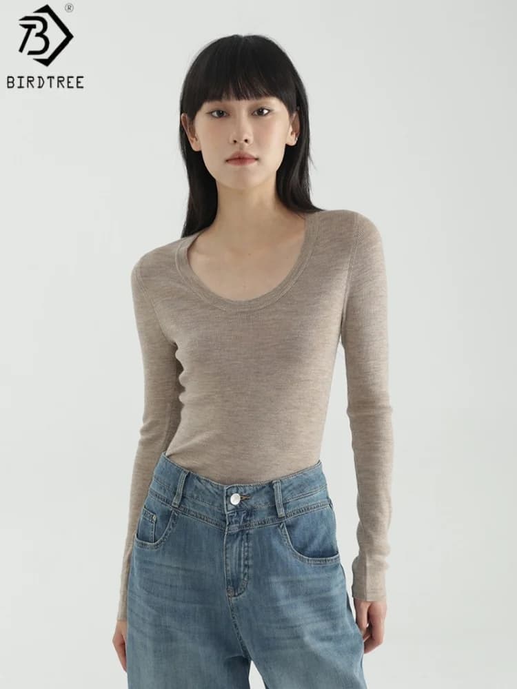 Birdtree, 100% Sheep Wool Undershirt, Full Sleeve U-neck Solid Tops, Women Knitted Slim Basics Shirt, 2026 Autumn New T69112JF