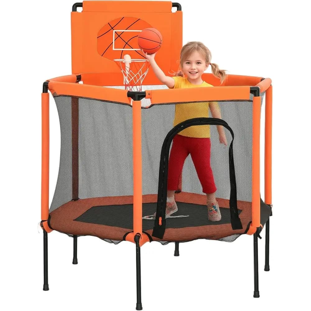 Trampolino per bambini da 48 pollici con rete di sicurezza, canestro da basket, adatto per bambini dai 3 ai 6 anni, ideale per ragazzi e ragazze, arancione