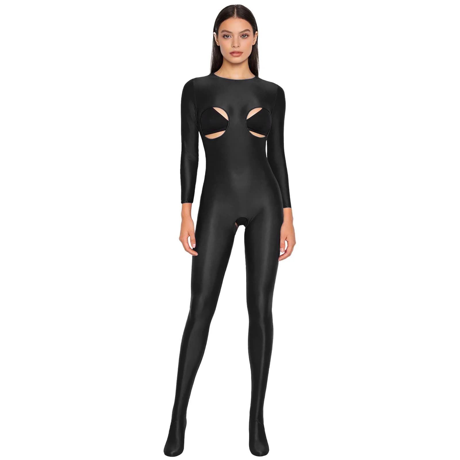 Women Glossy Stretchy Open Crotch Unitard Jumpsuit Nightwear Long Sleeve Cupless Footed Tights Bodysuit for Rave Anniversary